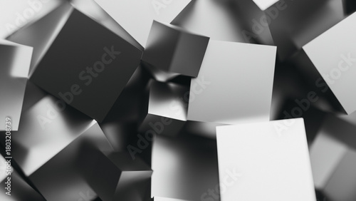 Fototapeta Naklejka Na Ścianę i Meble -  Abstract 3D Metallic Cubes - Dark Reflective Geometric Background with Blur. 3d rendering