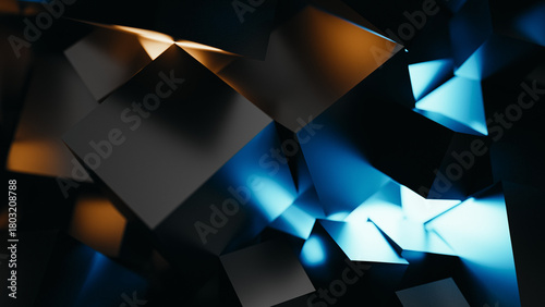 Abstract Dark 3D Cubes Background - Blue and Orange Light Technology Render. 3d rendering