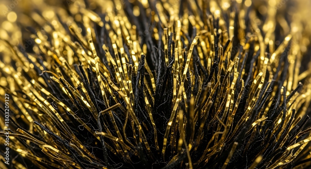 Fototapeta premium Extreme Macro Texture of Frayed Gold and Black Metallic Ribbon Tassel Threads.