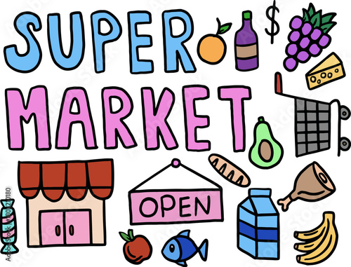 Cute hand drawn vector illustrations of supermarket, open sign, fish, apple, orange, milk box, bread, grape, cheese, shopping cart, avocado, banana, candy for grocery shopping, food, snack, drinks