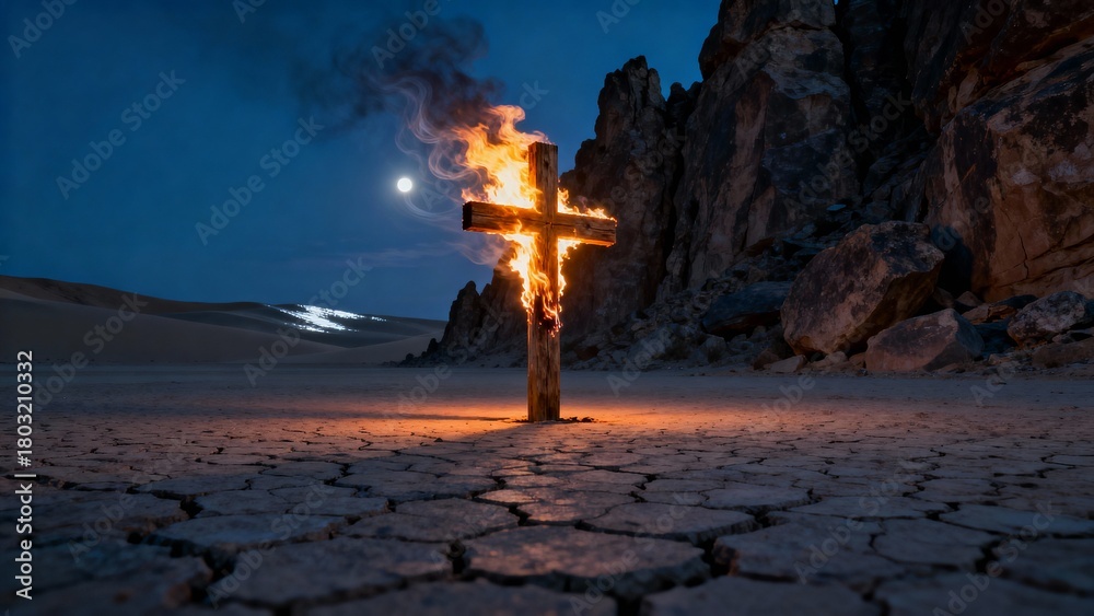 Obraz premium burning cross in desert at night