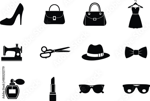 Collection of black silhouette fashion and accessory icons on a white background