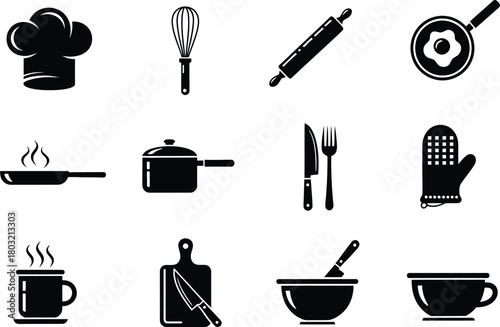 Collection of black and white icons representing cooking utensils and kitchenware
