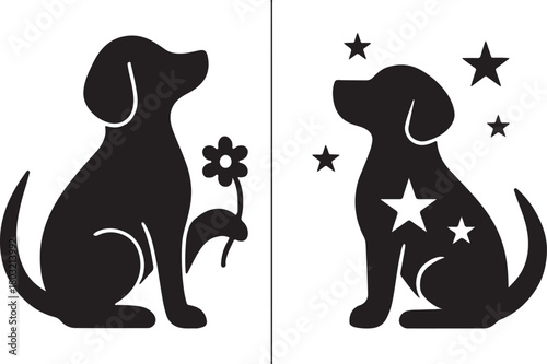 a dog with a flower and another dog surrounded by stars