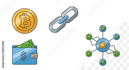 Explore cryptocurrency and blockchain technology with this visual of Bitcoin, chain link, wallet with money, and network node for a modern digital finance feel