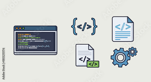 Clean vector design illustrating software development process with code window, syntax, documents, and gears for tech, startups, and programming needs