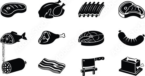 Collection of twelve different types of meat and fish icons in a grid layout