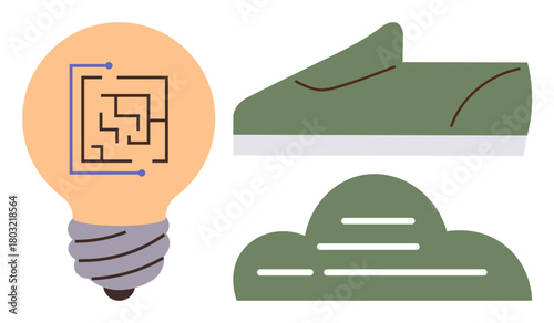 Lightbulb with circuit design, green sneaker silhouette, and stylized cloud. Ideal for innovation, sustainability, creativity, technology, eco-conscious ideas, brainstorming progress in simple flat