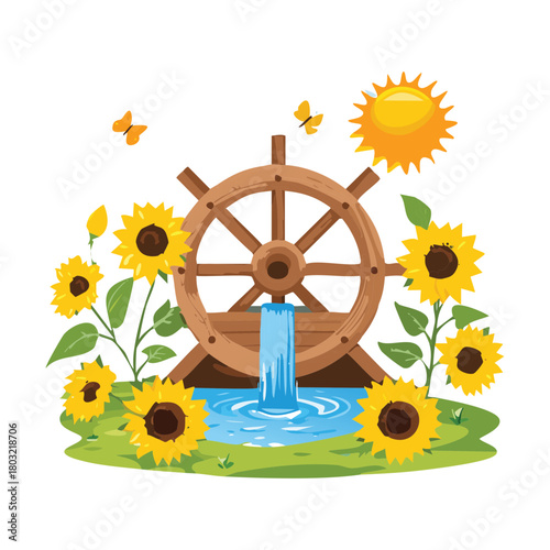 Water Wheel Turning Amidst Sunflower Plants with Splashing Water Stream