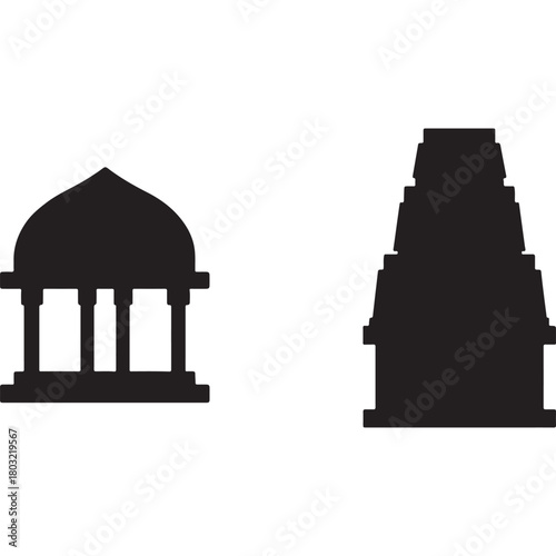 Hindu pavilion and tower temple silhouette set.