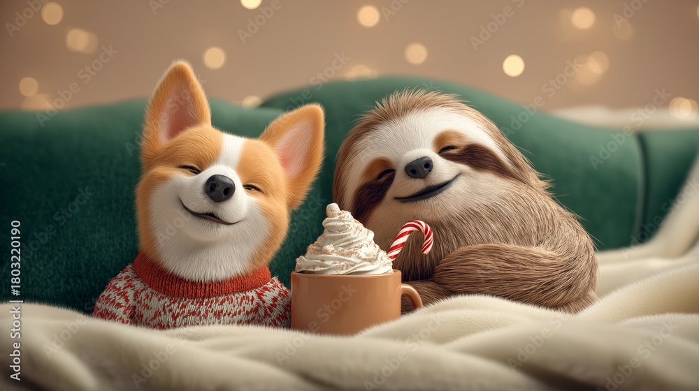 Obraz premium A sloth and corgi sit together smiling with whipped cocoa mug between them. Christmas friendship animal concept showing warmth, connection, and shared festive comfort