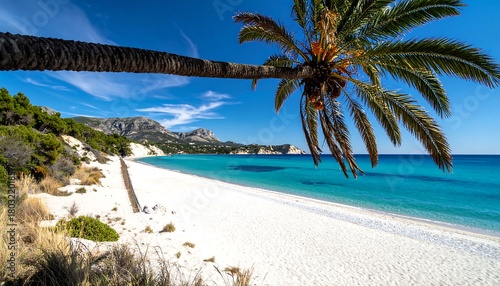 Fototapeta Naklejka Na Ścianę i Meble -  A pristine white sand beach meets clear turquoise water under a blue sky, with a palm tree extending into the frame