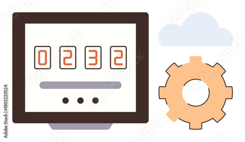 Digital screen showing numerical counter with an orange gear and blue cloud. Ideal for technology, automation, cloud computing, data analytics, innovation, systems integration, simple flat metaphor