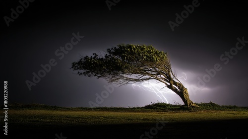 superego. A lone tree bent by strong winds during a stormy night with dramatic lighting. ESG reports, sustainability campaigns, designed for sustainability communications and ESG reporting.