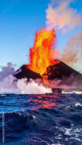 A dramatic scene showing an erupting volcano with fiery lava spewing into the sky, next to a turbulent ocean