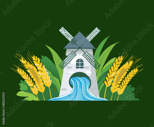 Traditional Windmill Design with Water Stream Flowing Under Green Plants and Wheat