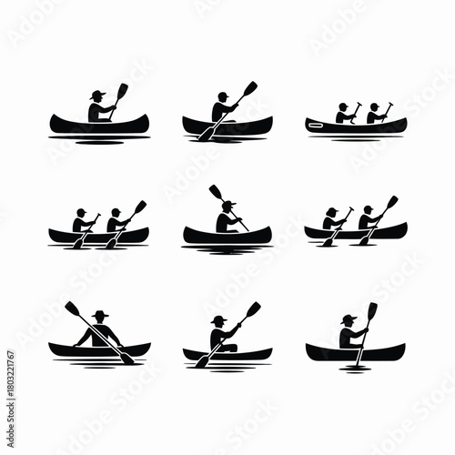 Kayakers paddling canoes silhouettes on water kayaking