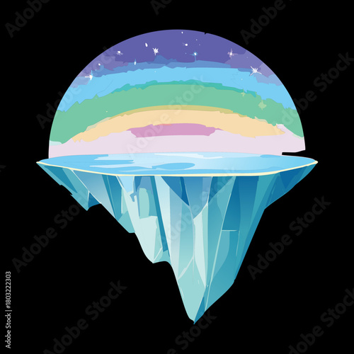 Whimsical floating island with a beautiful, colorful rainbow arc spanning the sky above a unique, icy rock formation - Vector Illustration
