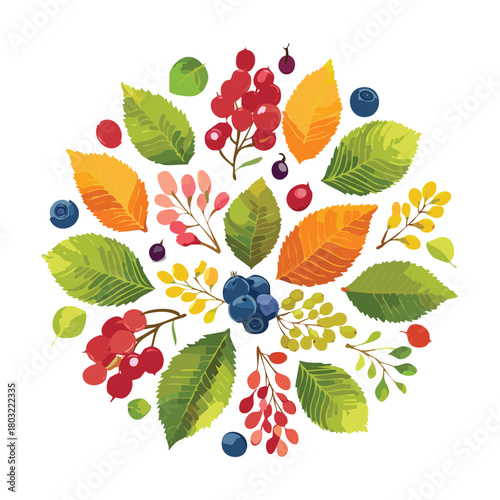 Circular pattern composition of diverse autumn leaves, vibrant berries, and dark blue fruit, showcasing the bounty of the season - Vector Illustration
