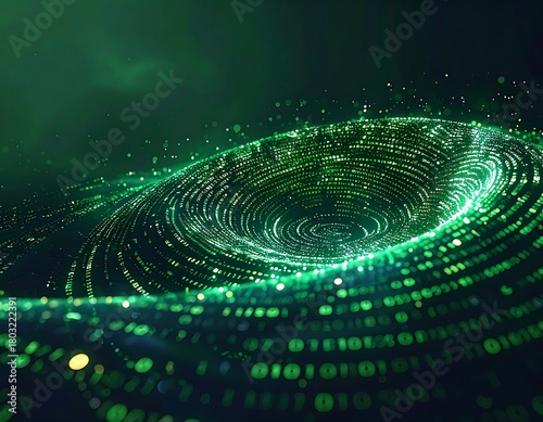 A dynamic, swirling vortex of emerald green light is depicted against a dark background, formed by binary code