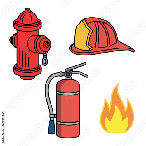 Firefighter equipment illustration featuring hydrant helmet extinguisher and flames for safety awareness