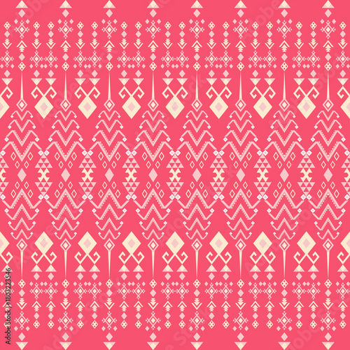 Geometric Ethnic pattern, Native American tribal fabric, tile, carpet, vector, illustration design, on a pink-red-yellow tone