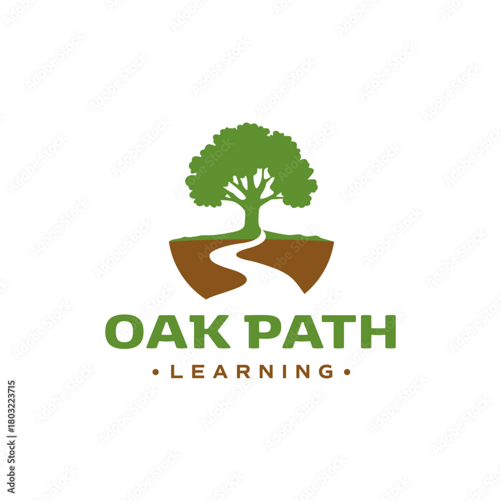 Obraz premium Nature-inspired logo featuring an oak tree with a winding path, ideal for education, learning, and growth concepts. Clean and modern style. Editable Vector File 