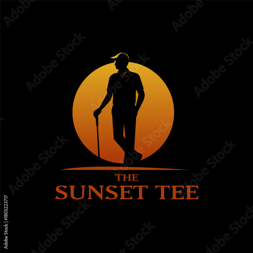 Stylish golfer silhouette standing against a warm sunset circle, ideal for golf clubs and sports branding. Modern and elegant design. Editable Vector File
