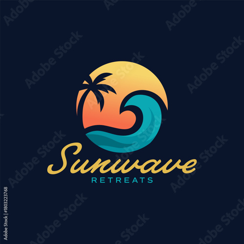 Vibrant tropical logo featuring a palm tree, curling ocean wave, and warm sunset, perfect for travel, resorts, and vacation branding. Modern and colorful design. Editable Vector File
