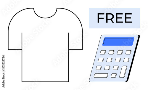 White t-shirt, basic calculator, and bold Free text emphasize affordability, budgeting, and free items. Ideal for discounts, promotions, apparel cost-saving, e-commerce freebie offers minimalism