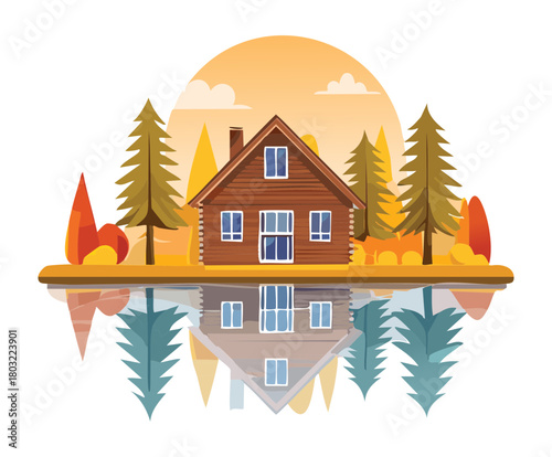 Scenic lakeside cottage with autumn trees and mountain reflection in flat vector illustration design