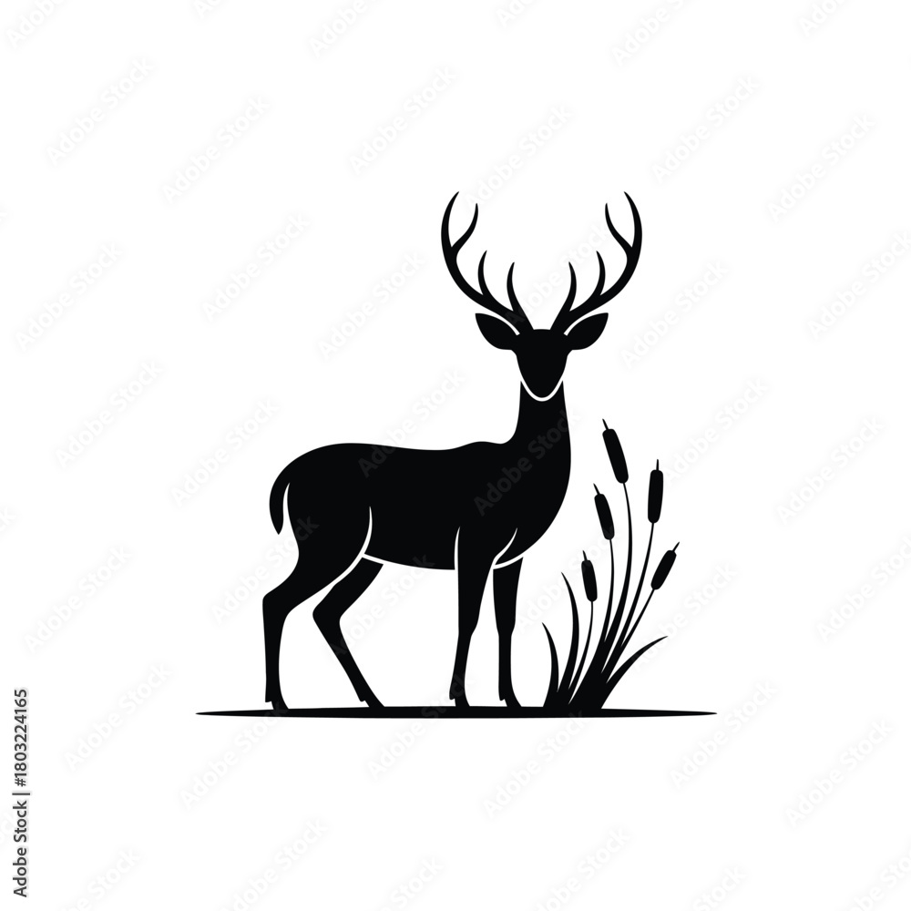 Fototapeta premium Majestic stag with cattails minimalist icon deer antlers