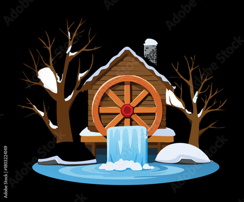 Rustic water wheel mill house in dark winter forest with snow and trees vector illustration