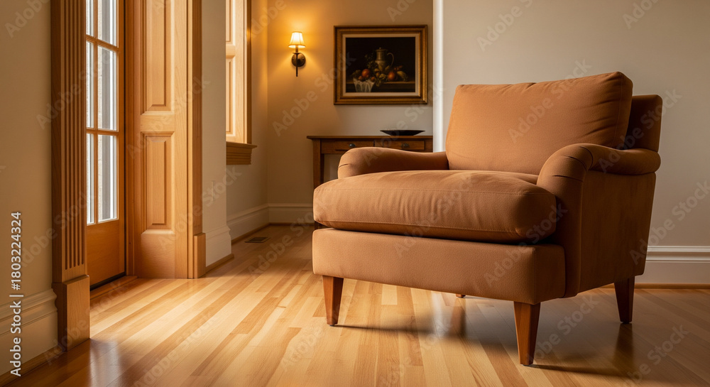 Fototapeta premium A cozy living room interior featuring an inviting orange armchair, wooden floor, and a painting.