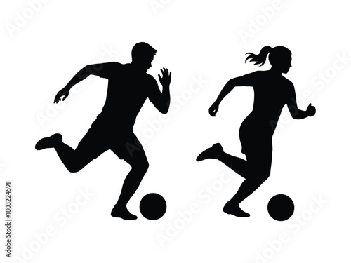 Male and female athletes kicking soccer balls football players
