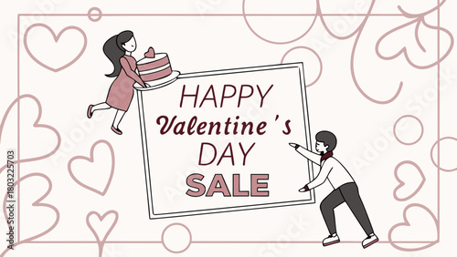Valentine's day sale with girl carrying cake and boy pointing at a sign with hearts background