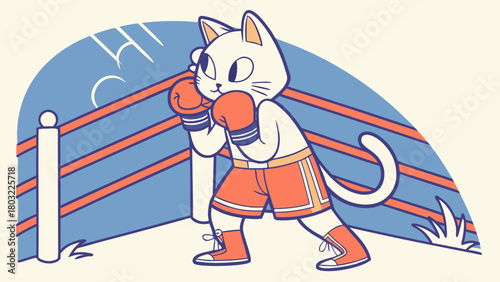 A cartoon cat wearing boxing gloves and shorts stands in a boxing ring ready to fight hard now
