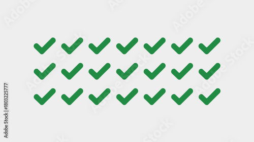 Many green checkmarks on light gray background approval success