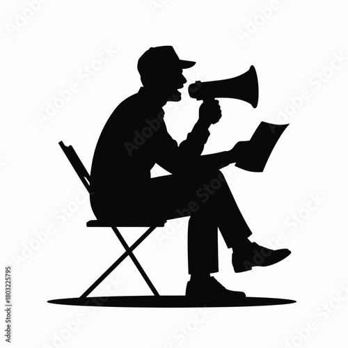 Man with megaphone and paper seated on chair silhouette vector