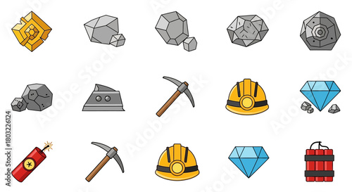 Colorful Cartoon Mining and Treasure Hunting Icon Set.