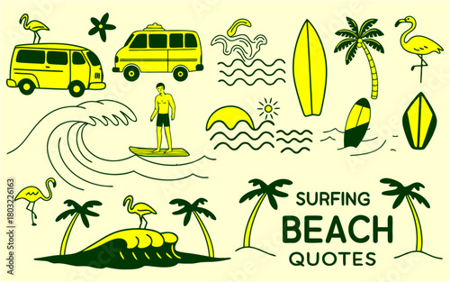 Summer surfing and beach. Surfboard, surfer, flamingo, palm tree, van, car, highly descriptive, wave line art icons, diverse, surf vacation sketch collection, marketable elements listed, doodle set.