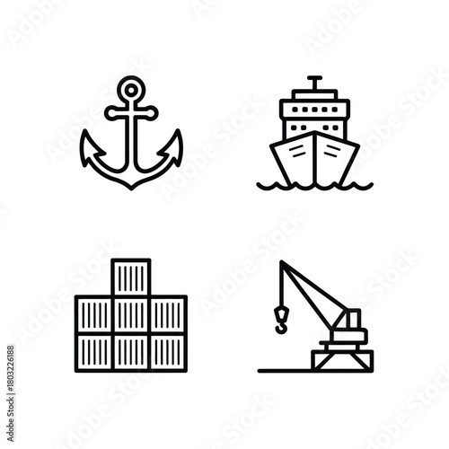 Maritime icons anchor ship cargo containers crane vector