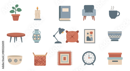 Cozy home decor and furniture icon collection set.