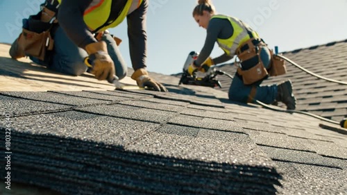 3230155 836 two construction workers installing new asphalt shingles on a residential roof shallow depth of field with focus on shingles in foreground 68736738 1
