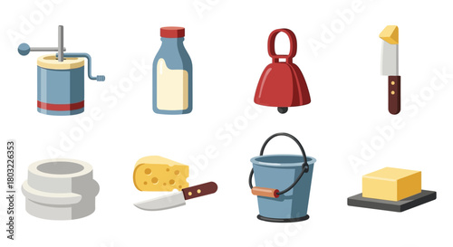 Dairy farm equipment and products collection illustration.