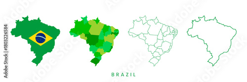 Brazil Map Vector Set with Flag Design, States and Outline – Brazilian Geography Illustration