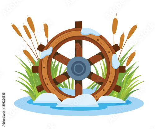 Old rustic water wheel with tall grass and bullrushes in winter snow flat vector illustration design element