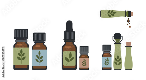 Essential oil bottles with dropper and labels for aromatherapy and wellness.