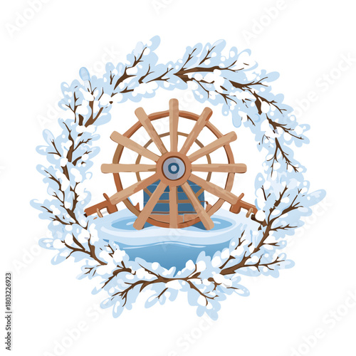 Simple yet beautiful design of a wooden spoke water wheel centerpiece encircled by a light wreath of white snow-covered winter foliage - Vector Illustration