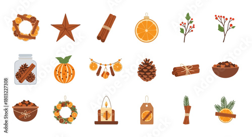 Festive Holiday Spice and Citrus Decorative Elements Collection.